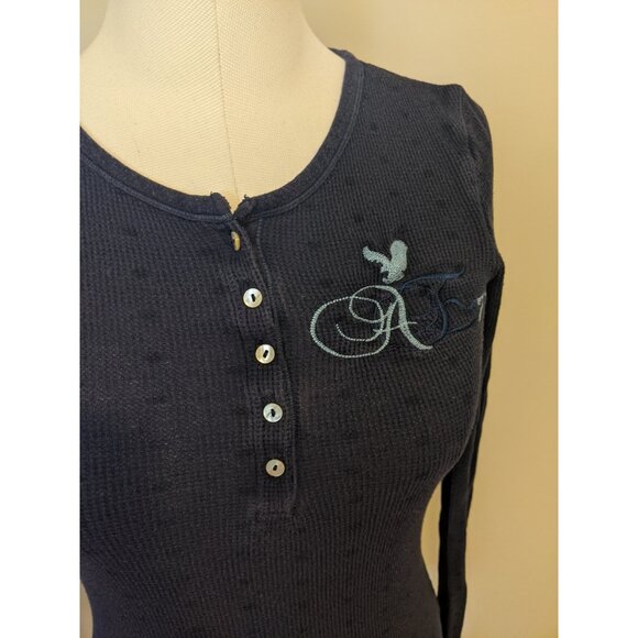 Y2K American Eagle Waffle Knit Henley Top Embroidered Polka Dot Bella Swan Sz S - Picture 3 of 11